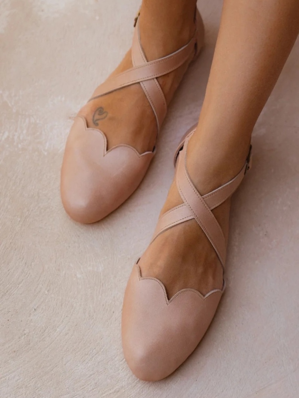 ELF Beige Mangrove Cross Strap Leather Ballet Flats